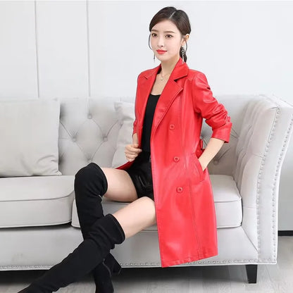 Veste en cuir d'agneau composé pour femme, manteau en fausse fourrure, trench long, lavage gratuit, vêtements en PU, Streetwear, Top, 138