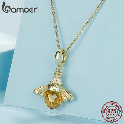 BAMOER 925 en argent Sterling belle abeille Orange insecte pendentif collier pour les femmes 14K plaqué or