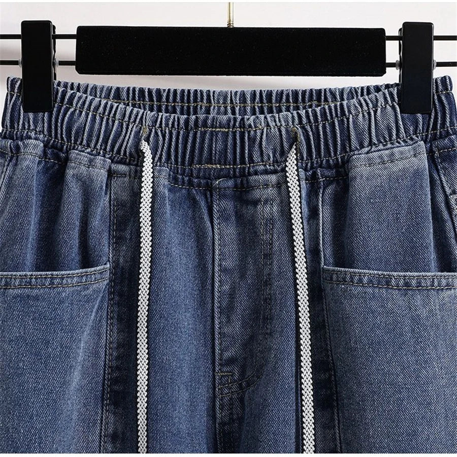 Bigsize cordon taille haute jean droit décontracté Baggy Cowboy pantalon jambe large pantalons femmes Vaqueros corée Denim pantalon