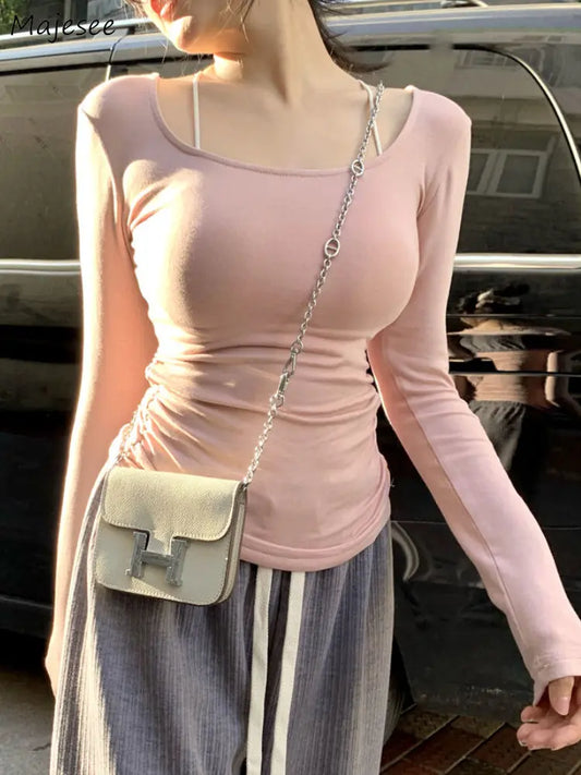 T-shirts Slim femmes à manches longues rose hauts solide Hotsweet Ins mode coréenne vêtements automne nouveau décontracté Simple Sexy collège filles