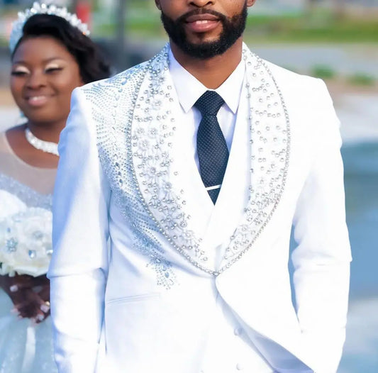 Costume 3 Pièces de Luxe pour Homme, Blazer Glacé, un Bouton, Revers Large, Perles de Bal Formelles, Diamants, Marié de Mariage, Grande Taille sur Mesure