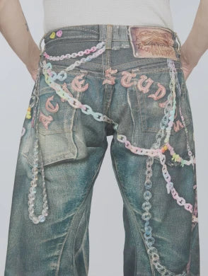 Jean en denim ample à jambes larges, style de rue, rétro, chaîne de bonbons imprimée neutre, nouveau couple, pantalon ample taille basse, printemps et été