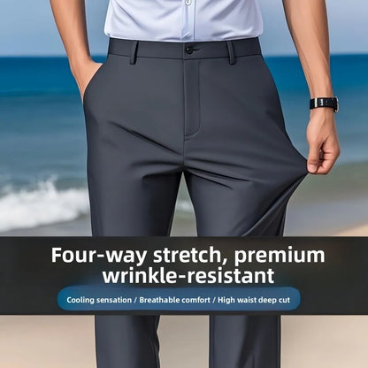 Pantalon pour hommes en soie glacée lisse et soyeuse, Ultra-fin, drapé à haute élasticité, décontracté, ample, jambe droite, Long, pour l'été, tenue de bureau