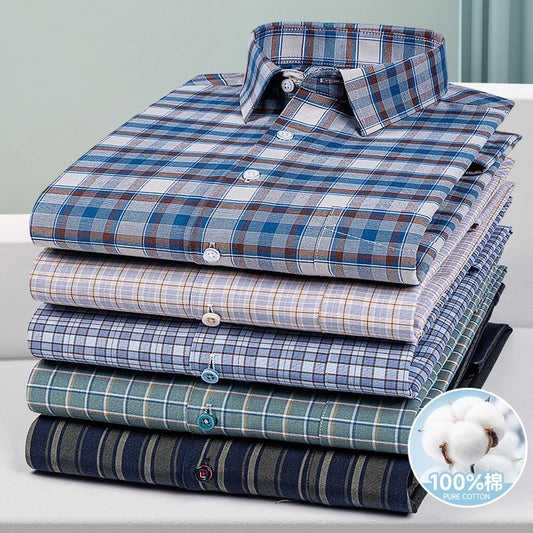 Chemise Oxford rayée à carreaux pour hommes, chemise sociale à manches longues, chemises de travail décontractées, poche, pur coton, qualité, S- 7XL, 8XL, 100%