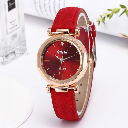 montres femmes rouge bracelet en cuir décontracté montres à Quartz