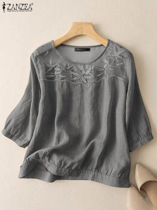ZANZEA-Chemisier à Manches 3/4 et Col Rond pour Femme, Patchwork en Maille, Décontracté, Broderie Florale, Travail, Été