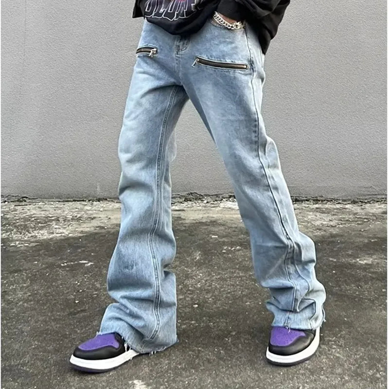 Jeans évasés baggy déFlexrétro pour hommes, pantalons en denim à jambes larges, streetwear Hip Hop, droit, fermeture éclair, mode Y2K, fjRopa zones bre, 2023
