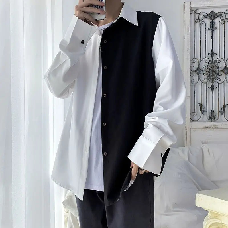 Chemise à manches longues noire et blanche pour homme, style coréen épissé, haute qualité, édition coréenne, printemps et automne, 2024