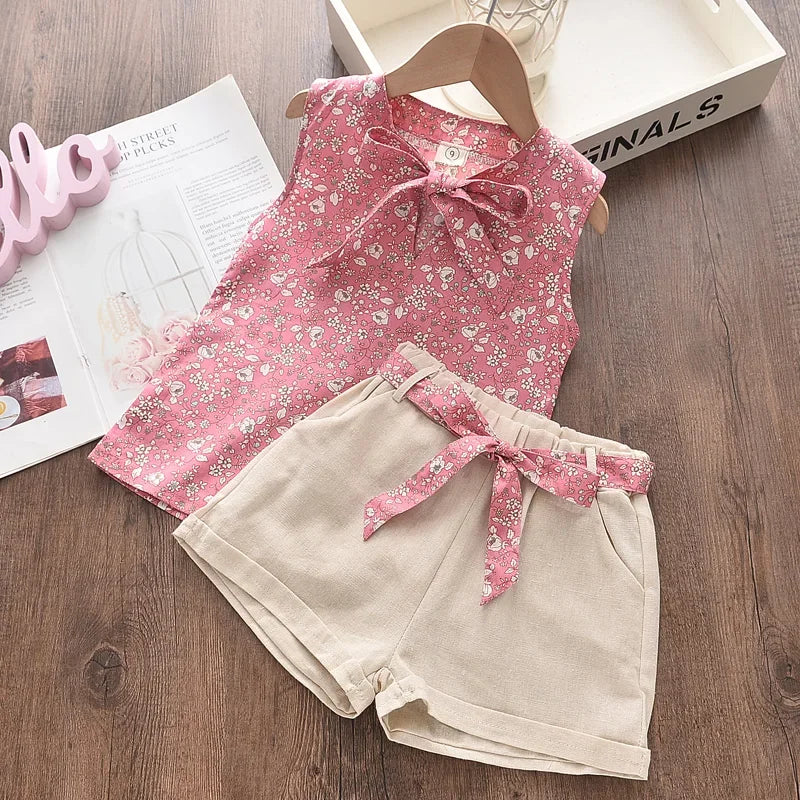 BEAR LEADER-Ensemble de vêtements pour filles, tenue d'été en mousseline de soie, motif floral, col licou + short brodé, en paille, pour enfants, 2023