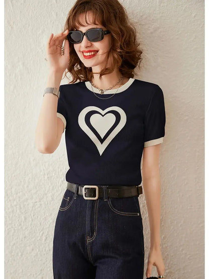 Modiis Yao-T-shirt manches courtes col rond femme, estival et décontracté, avec cœur imprimé, 2024