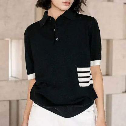 2025 été nouvelle mode rayé col rabattu T-shirt tricoté à manches courtes Vintage décontracté à manches courtes haut pulls