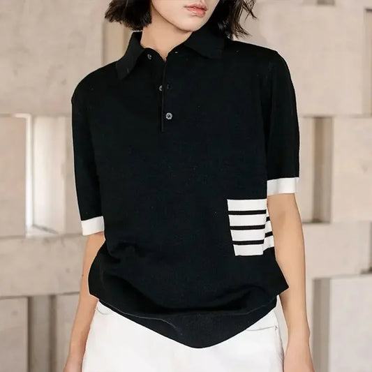 2025 été nouvelle mode rayé col rabattu T-shirt tricoté à manches courtes Vintage décontracté à manches courtes haut pulls