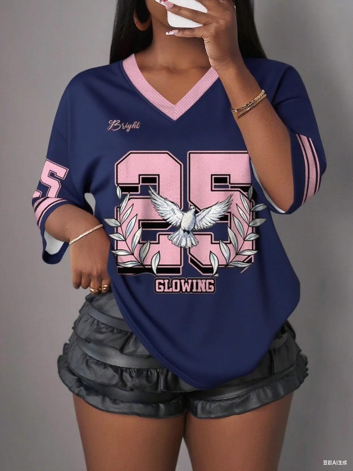 N° pour femme. 25 imprimé col en v à manches courtes trou maille T-Shirt été T-Shirt maillots de Baseball grande taille hommes Sport T-Shirt