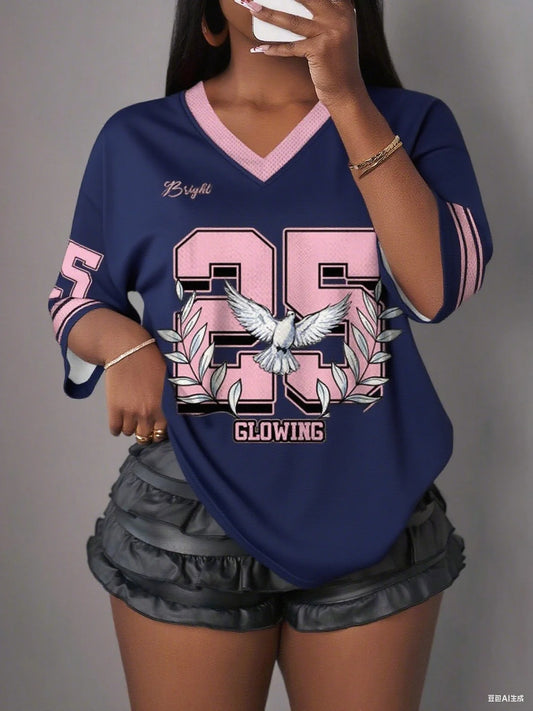 N° pour femme. 25 imprimé col en v à manches courtes trou maille T-Shirt été T-Shirt maillots de Baseball grande taille hommes Sport T-Shirt