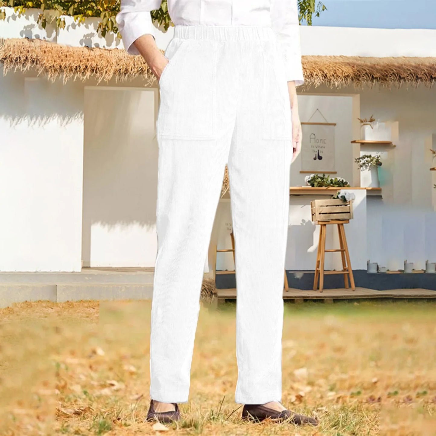 Pantalon en velours côtelé pour femme, décontracté, taille haute, jambe droite, couleur unie, pantalon Baggy confortable avec poches