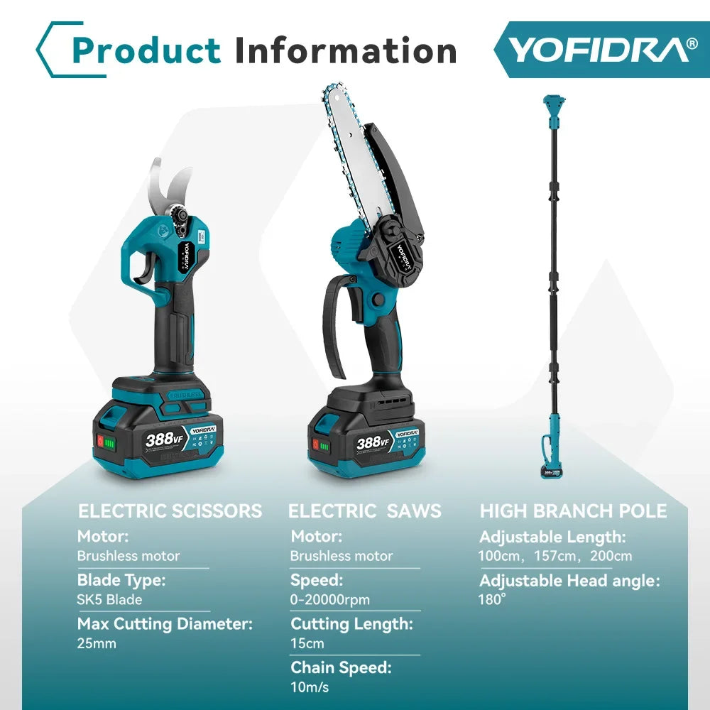 YOFIDRA – tronçonneuse électrique à poteau télescopique sans balais 3 en 1, outil de ciseaux de cisaillement de sécateur hautement évolutif pour broche de batterie Makita 18V