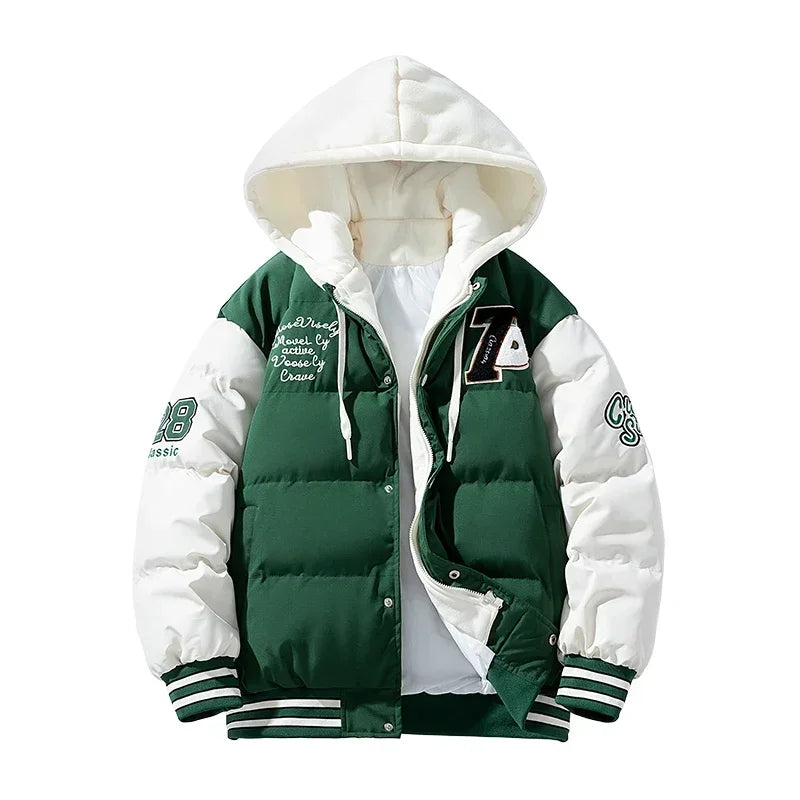 Veste d'hiver pour hommes, faux manteau rembourré en coton épais, Harajuku japonais, 2 pièces, Parka de Baseball chaude pour étudiants à la mode, 2024