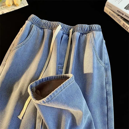 Jean coréen rétro pour hommes et femmes, modèles d'automne et d'hiver, rembourré et épais, ample, droit, jambes larges, pantalons décontractés