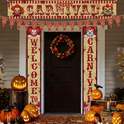 Décorations d'Halloween Effrayant, Porche de Carnaval, "Bienvenue au Carnaval", Design Éclaboussures Sanglantes, Ensemble de Bannières de Clown du Mal LYus