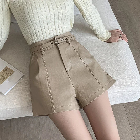 Seoulish-Short en cuir PU vintage décontracté pour femme, pantalon taille haute pour femme, patchwork de documents solides, pantalon de bureau pour femme, automne et hiver 2024
