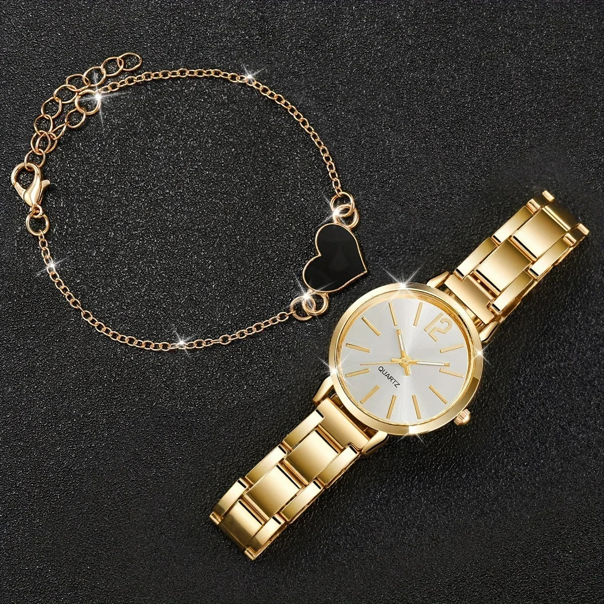 Montres dorées coeur Bracelet à breloques 2 pièces ensemble mode