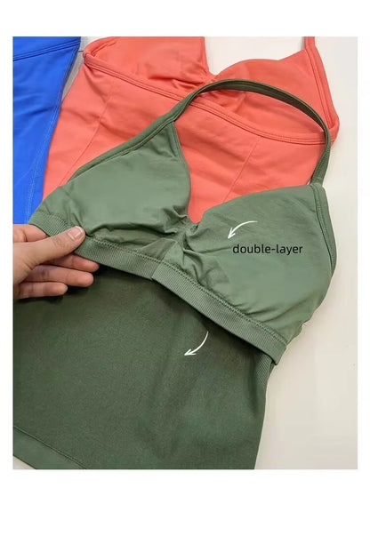 Haut de sport à bretelles palangre, dos nu, Logo personnalisé, vêtements de sport pour femmes, soutien-gorge intégré froissé avec bonnets amovibles, débardeurs de Yoga
