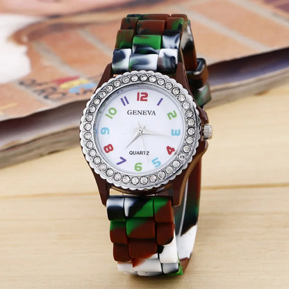 Montres de luxe pour femmes, arc-en-ciel, diamant, quartz, silicone, étanche,