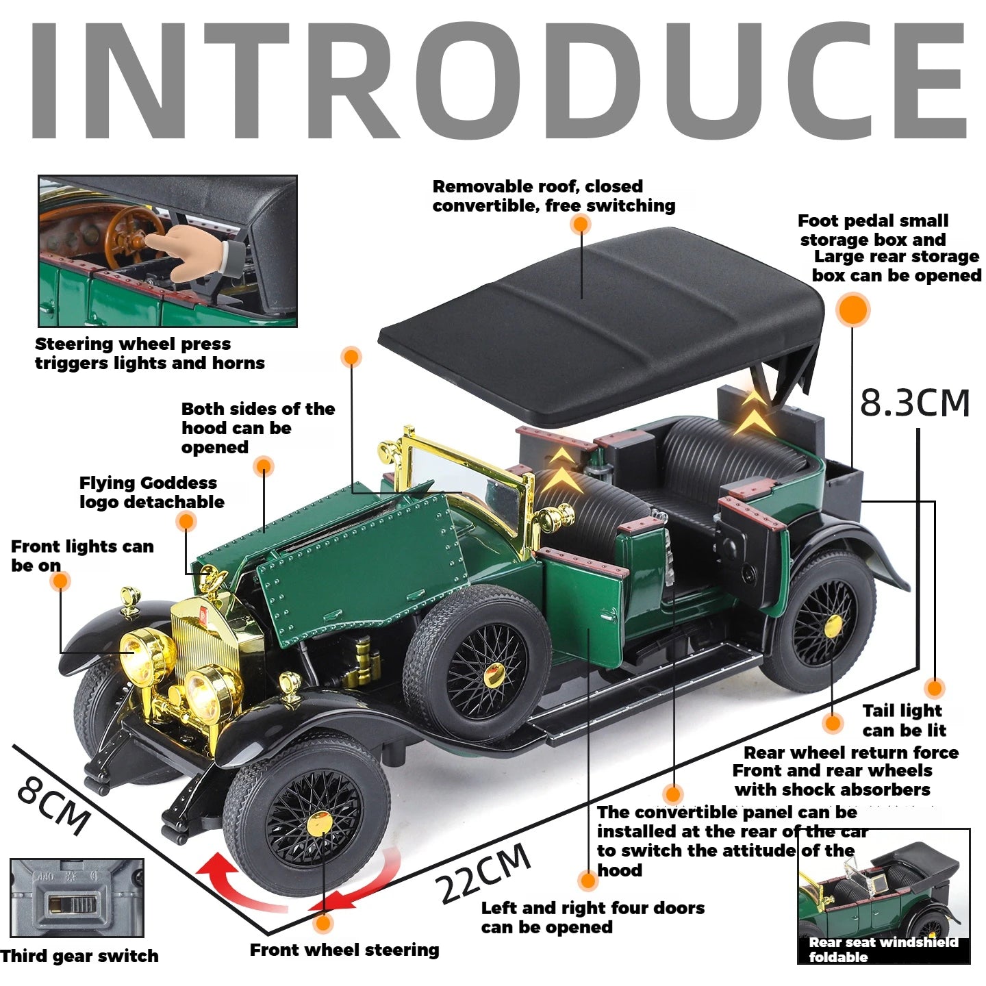 1:24 Rolls Royce Phantom I 1925 luxe classique rétro berline alliage métal moulé sous pression modèle voiture son lumière retirer Collection passe-temps