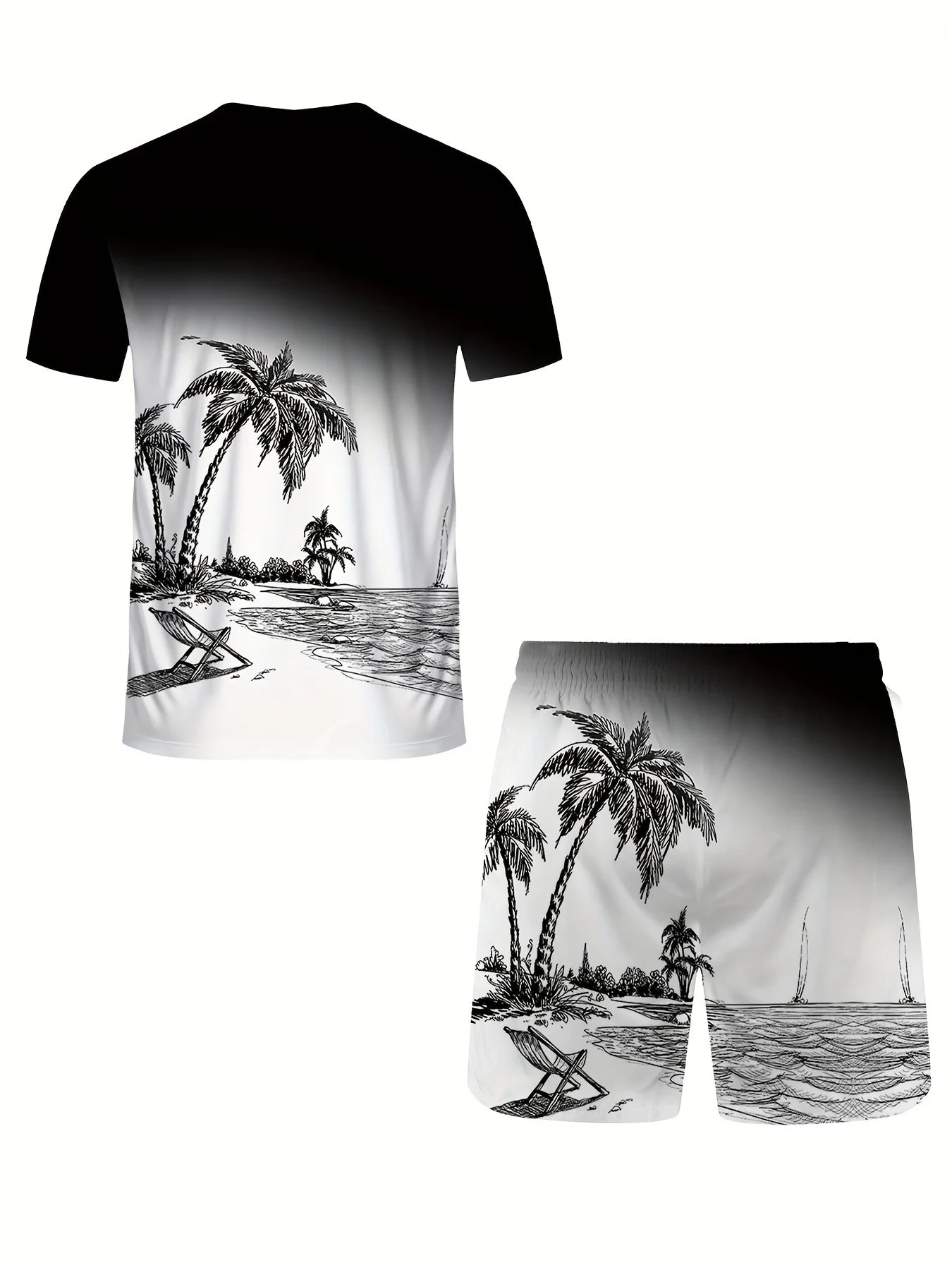 Série d'été hommes dégradé cocotier imprimé respirant col rond T-shirt ensemble short et haut extérieur deux pièces ensemble
