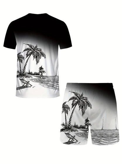 Série d'été hommes dégradé cocotier imprimé respirant col rond T-shirt ensemble short et haut extérieur deux pièces ensemble