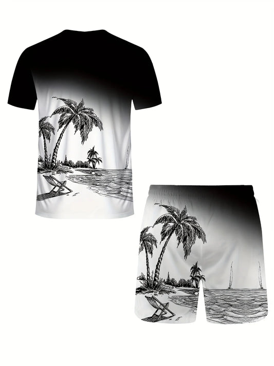 Série d'été hommes dégradé cocotier imprimé respirant col rond T-shirt ensemble short et haut extérieur deux pièces ensemble
