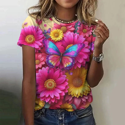 T-shirt manches courtes col rond femme, estival et surdimensionné, avec motif Floral et fleur papillon imprimé en 3D, Y2k, Harajuku, vêtements féminins, nouvelle collection