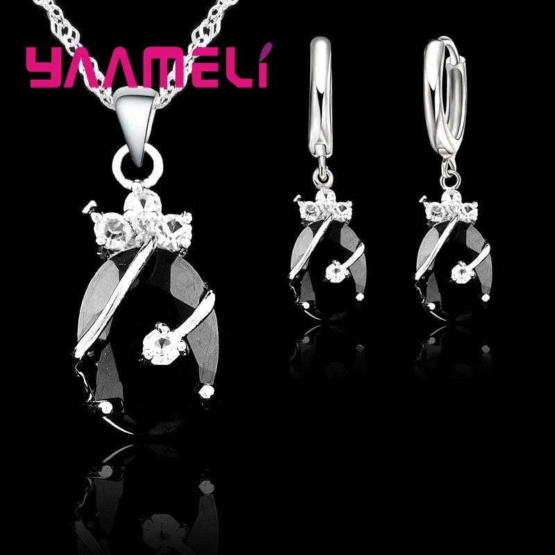 Ensembles de bijoux vintage pour femmes, argent regardé 925, pendentif en pierre de cristal, breloques, collier de mariage, boucles d'oreilles créoles, nouvelle mode