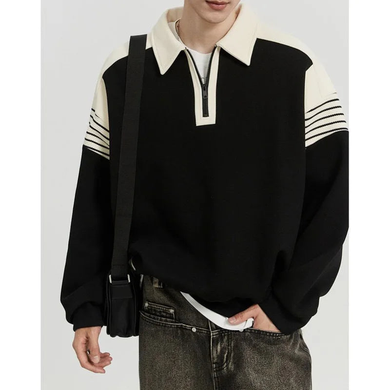Pull rayé à manches longues pour hommes, demi-fermeture éclair, col polo, plus gros, décontracté, édition coréenne, printemps et automne, nouveau, 2024