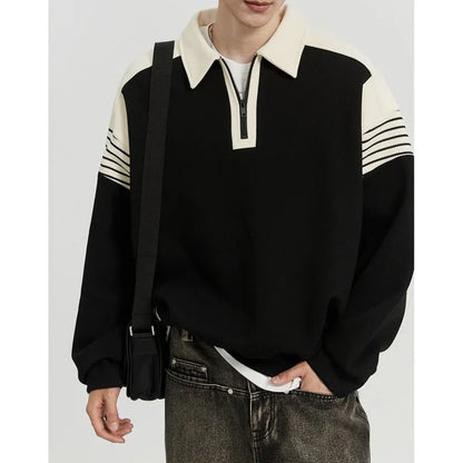 Pull rayé à manches longues pour hommes, demi-fermeture éclair, col polo, plus gros, décontracté, édition coréenne, printemps et automne, nouveau, 2024