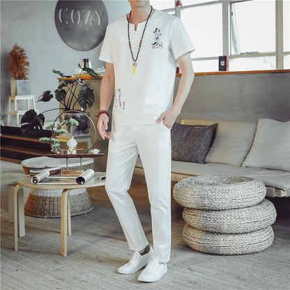 (Chemise + pantalon) 2024 été nouveau style mode hommes chemise à manches courtes chemises hommes ensembles chemises en coton mâle deux pièces M-5XL