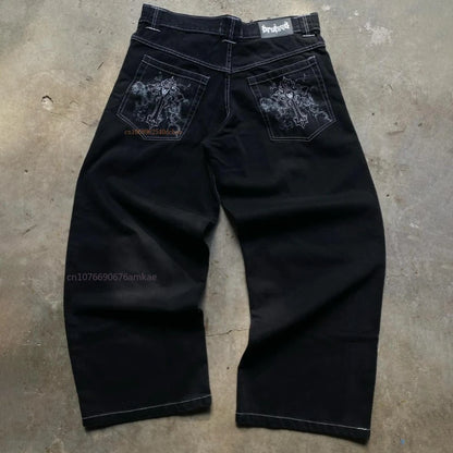 Ins-Pantalon droit en coton noir pour hommes et femmes, Jeans College de motifs de personnalité sombre, High Street Couple, Automne, Hiver, Nouveau