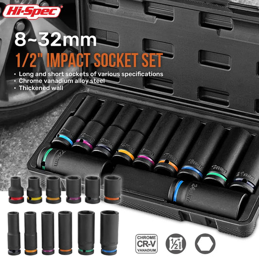 Jeu de douilles à percussion Hi-Spec 6/11 pièces 1/2 "avec douilles de 78mm de Long (10-24mm), jeu de clés à douilles outils mécaniques professionnels