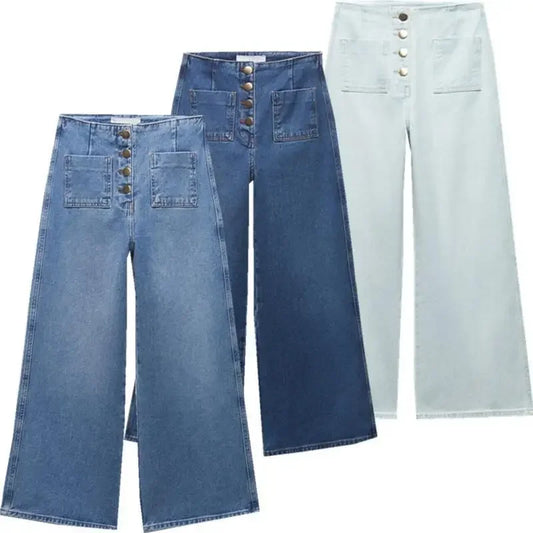 Jean taille haute à jambes larges pour femmes, pantalon en Denim amincissant avec poches décorées de Style rétro, de chine continentale, printemps été 2023