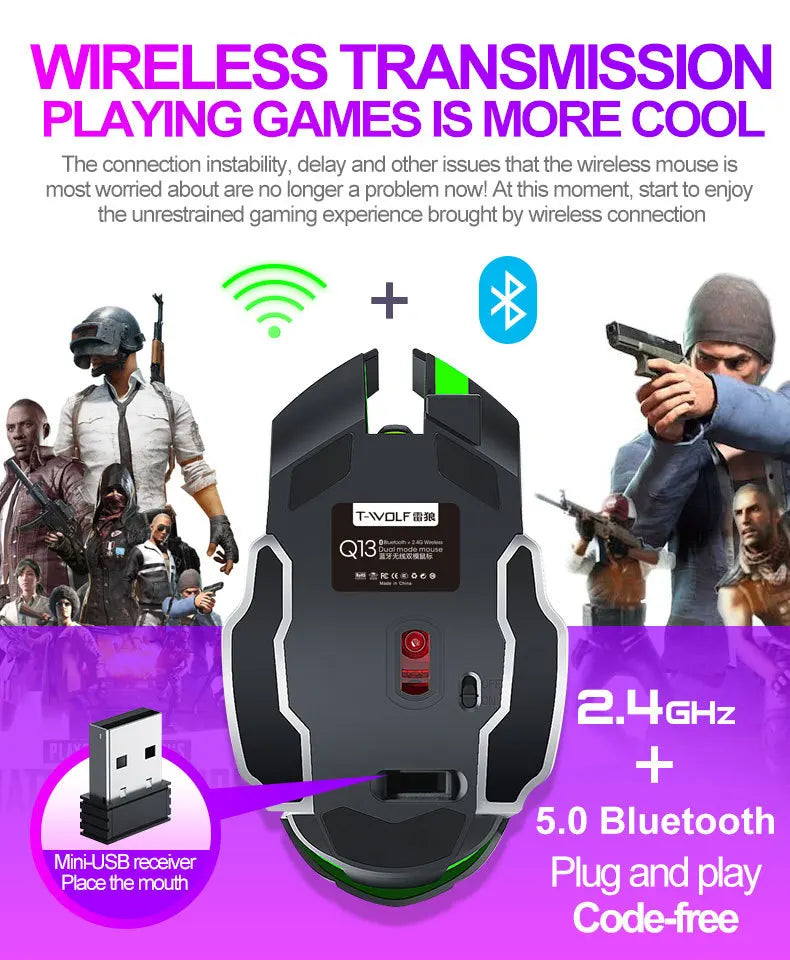 Souris de jeu sans fil 6 touches Rétroéclairage RVB Souris de jeu Bluetooth 2.4G Connexion USB Double mode Batterie rechargeable 3 niveaux DPI T-WOLF Q13 Clic silencieux Conception ergonomique