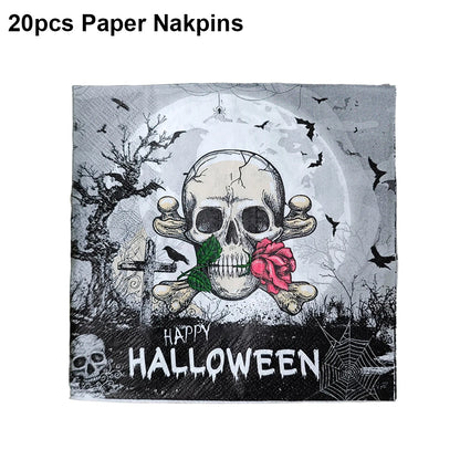 Assiettes de fête gothiques en forme de crâne pour Halloween, tasses, serviettes, corbeau de Rose, décors de fête pour Halloween, squelette, jour des morts, anniversaire