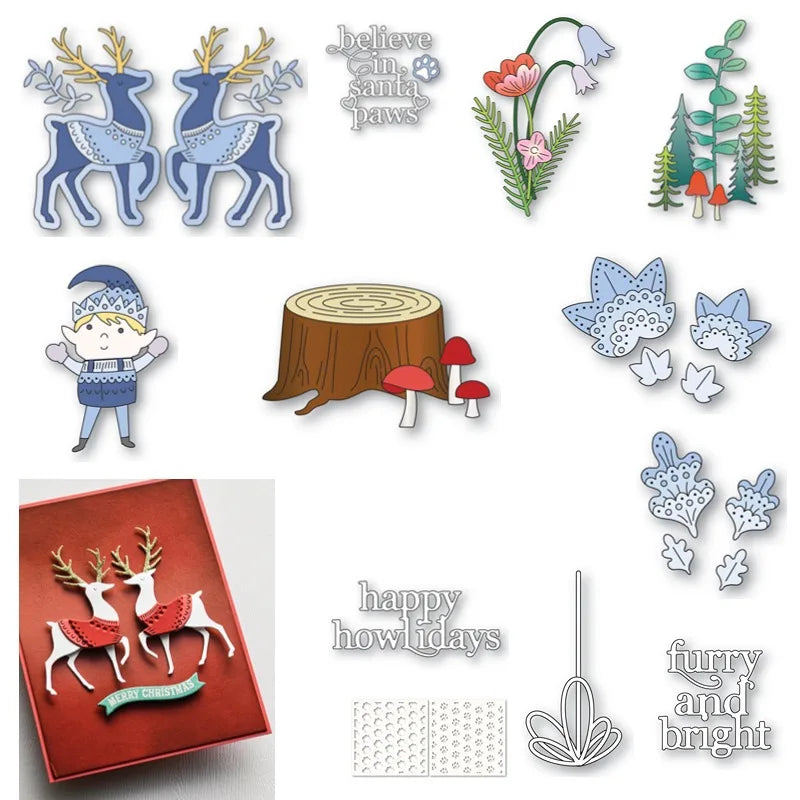 Timbres en silicone pour scrapbooking, cartes d'album photo, feuilles de Noël, arc, plantes, cerf, souche, forêt, arbres, elfe, matrices de découpe en métal