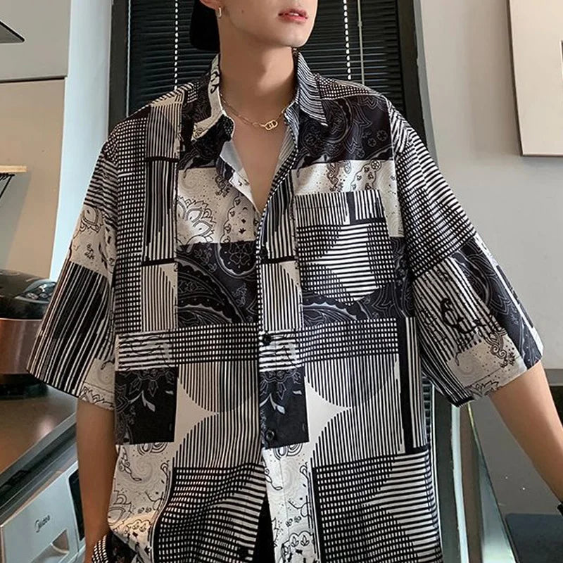Chemise décontractée à manches courtes pour hommes, rétro artistique, style Hong Kong, imprimé à carreaux rayé, revers respirant, polyvalent, été