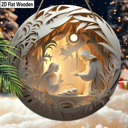 2D flat 1 Christian Christmas "Christmas Eve" circular wooden wall decoration, paper-cut effect pattern, festival decoration