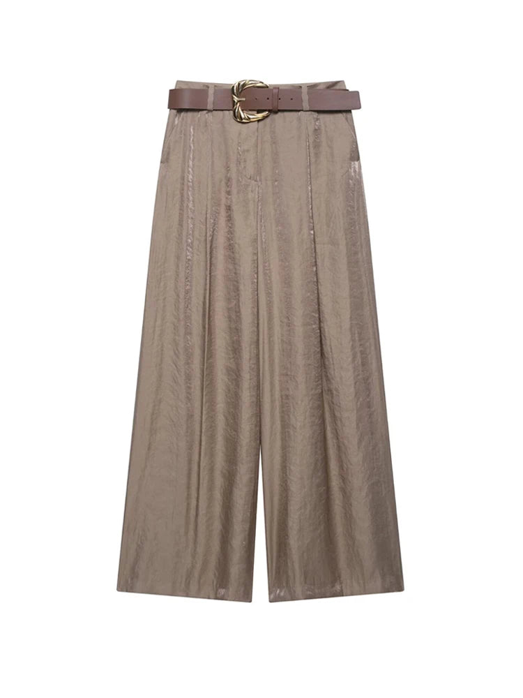 TRZA taille haute pantalon à jambes larges pour femmes mode ceinture avant fléchettes poches latérales pantalon femme