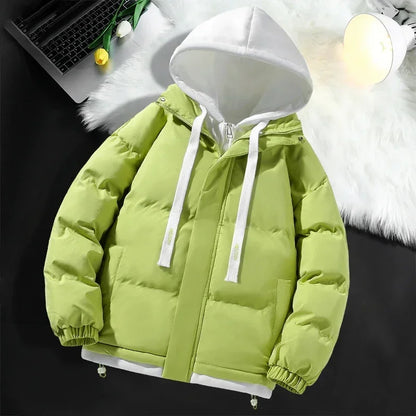 Hommes à capuche coton Coat2024 nouveau décontracté à capuche faux deux pièces conception vers le bas coton chaud Parka Style coréen épais hommes veste d'hiver