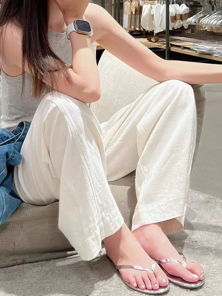 Début du printemps nouveau Style blanc coton lin pantalon à jambes larges taille haute tombant minceur pantalon droit décontracté vêtements pour femmes