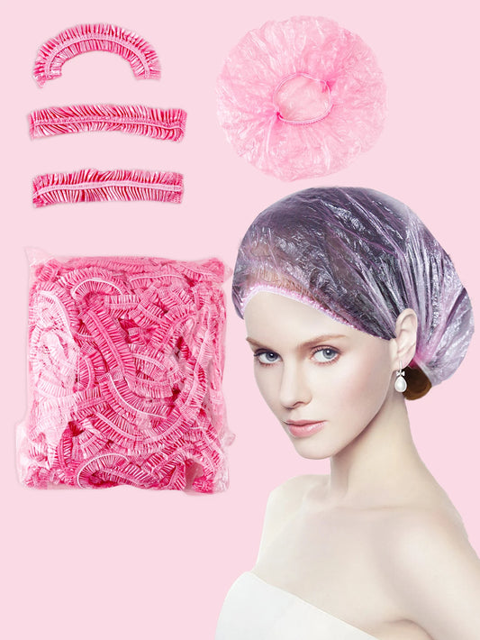 Bonnet de douche jetable 100 pièces, bande en plastique transparente, bonnet de beauté et de cheveux imperméable, agrandi et épaissi pour hôtels