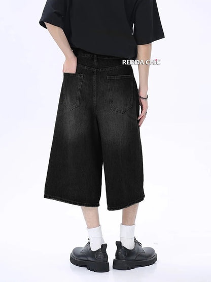 ReddaChic-Short en Denim pour Homme, Baggy Brossé, Vintage, Noir, Bord Brut, Décontracté, Y2k, Hip Hop, Jambes Larges