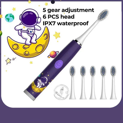 Brosse à dents électrique sonique USB pour enfants, Rechargeable, colorée, dessin animé, automatique, étanche IPX7, avec tête de remplacement